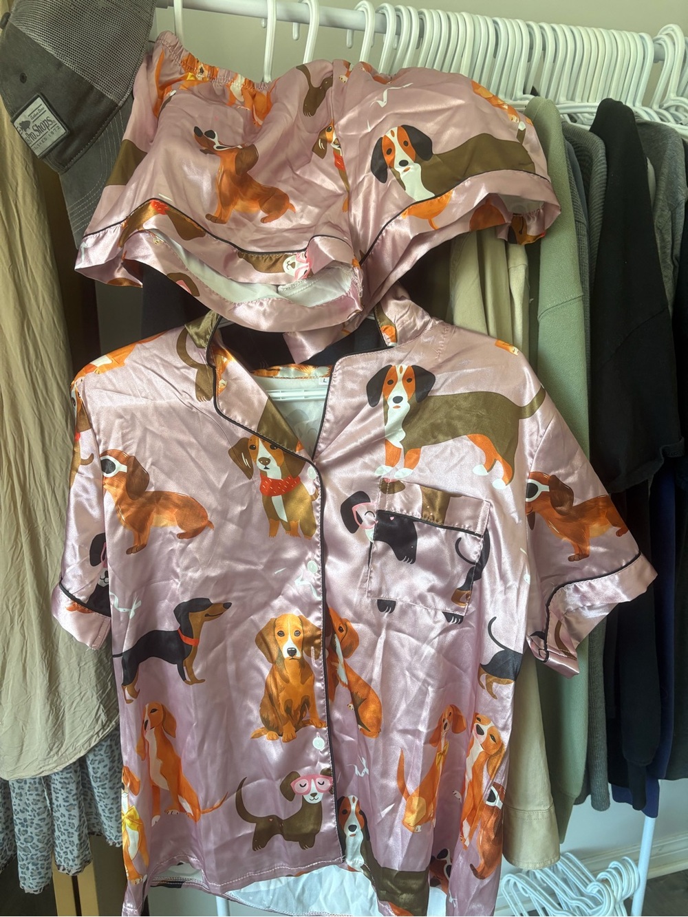 Pink Dachshund-Print Satin Dog Pajama Set